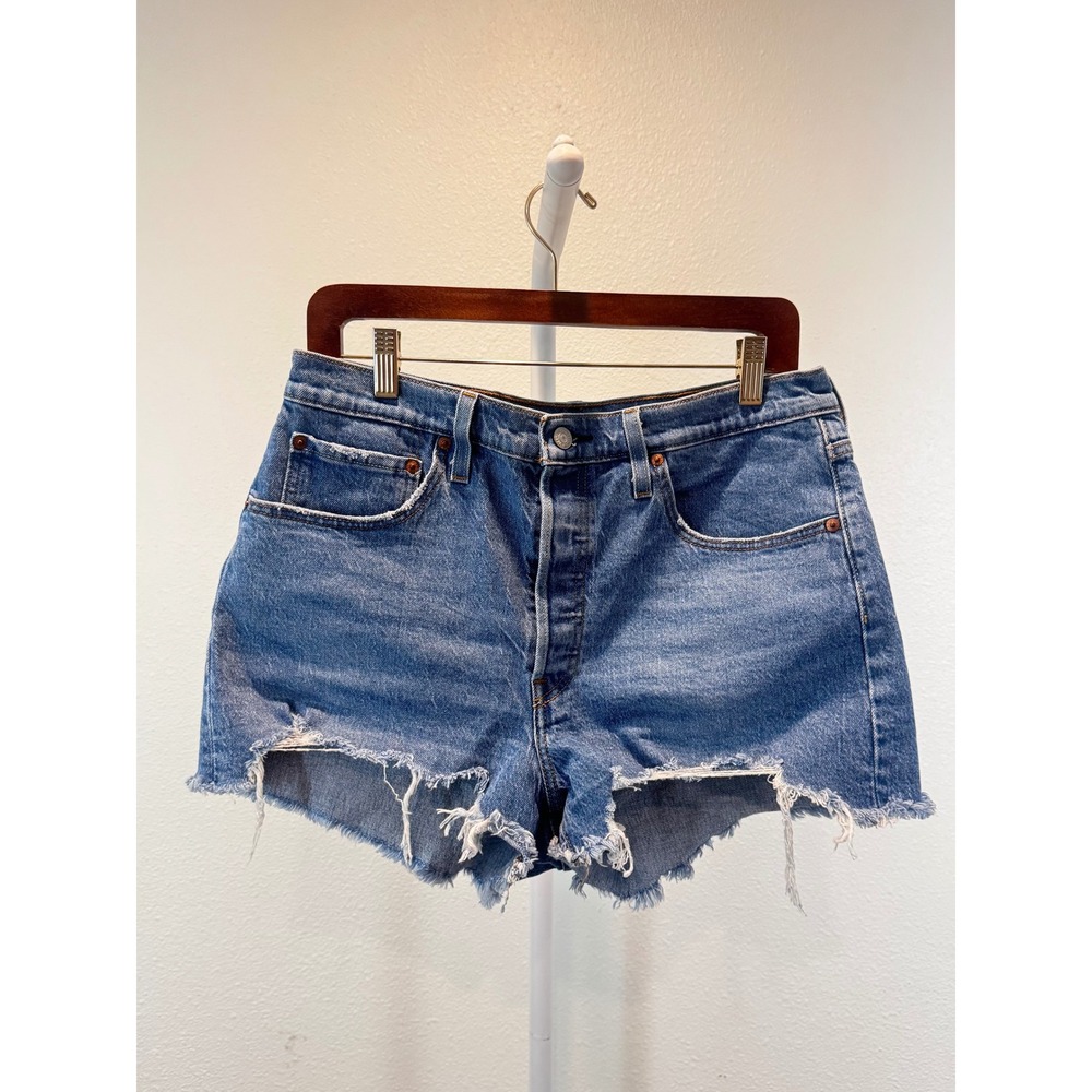 Levis 501 Original High Rise Cutoff Denim Jean Shorts Blue Distressed W31 56327